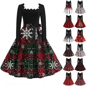 Женская мода с квадратным вырезом, повседневные тонкие рождественские платья с длинным рукавом и принтом M киноварь