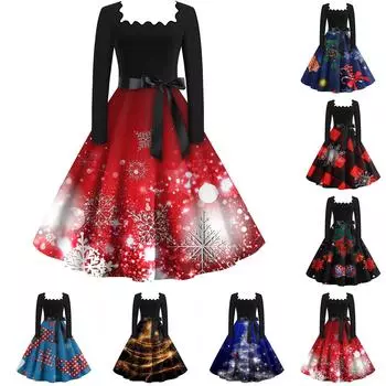 Женская мода с квадратным вырезом, повседневные тонкие рождественские платья с длинным рукавом и принтом L синий