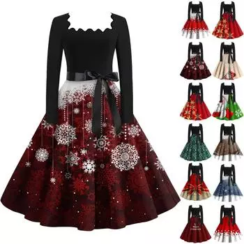 Женская мода с квадратным вырезом, повседневные тонкие рождественские платья с длинным рукавом и принтом M