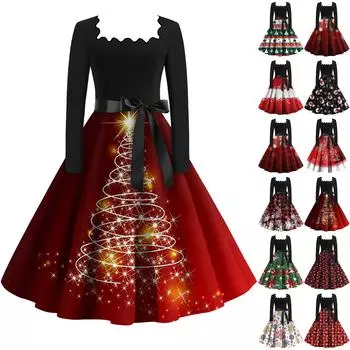 Женская мода с квадратным вырезом, повседневные тонкие рождественские платья с длинным рукавом и принтом XXL чёрный