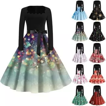 Женская мода с квадратным вырезом, повседневные тонкие рождественские платья с длинным рукавом и принтом S красный