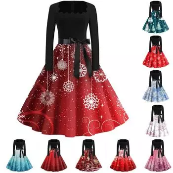 Женская мода с квадратным вырезом, повседневные тонкие рождественские платья с длинным рукавом и принтом XXXXXL