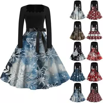 Женская мода с квадратным вырезом, повседневные тонкие рождественские платья с длинным рукавом и принтом XL белый