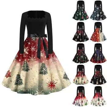Женская мода с квадратным вырезом, повседневные тонкие рождественские платья с длинным рукавом и принтом S