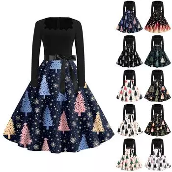 Женская мода с квадратным вырезом, повседневные тонкие рождественские платья с длинным рукавом и принтом XXL