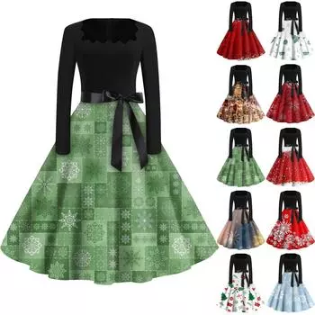 Женская мода с квадратным вырезом, повседневные тонкие рождественские платья с длинным рукавом и принтом M красный