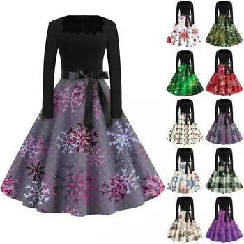 Женская мода с квадратным вырезом, повседневные тонкие рождественские платья с длинным рукавом и принтом XXL