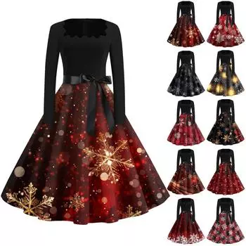 Женская мода с квадратным вырезом, повседневные тонкие рождественские платья с длинным рукавом и принтом XL оранжевый