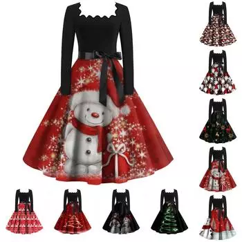 Женская мода с квадратным вырезом, повседневные тонкие рождественские платья с длинным рукавом и принтом L