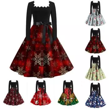 Женская мода с квадратным вырезом, повседневные тонкие рождественские платья с длинным рукавом и принтом L винный