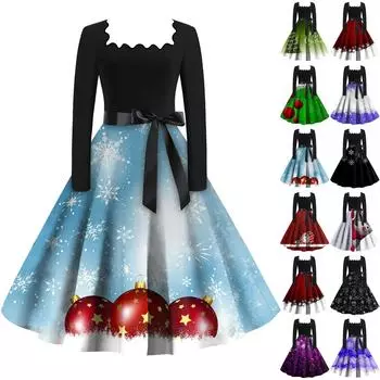 Женская мода с квадратным вырезом, повседневные тонкие рождественские платья с длинным рукавом и принтом L чёрный