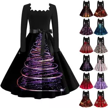 Женская мода с квадратным вырезом, повседневные тонкие рождественские платья с длинным рукавом и принтом L синий