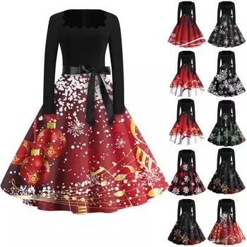 Женская мода с квадратным вырезом, повседневные тонкие рождественские платья с длинным рукавом и принтом M