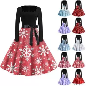 Женская мода с квадратным вырезом, повседневные тонкие рождественские платья с длинным рукавом и принтом XXL розовый