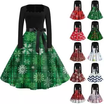 Женская мода с квадратным вырезом, повседневные тонкие рождественские платья с длинным рукавом и принтом XXXXXL белый