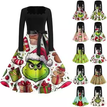 Женская мода с квадратным вырезом, повседневные тонкие рождественские платья с длинным рукавом и принтом XXXXXL хаки
