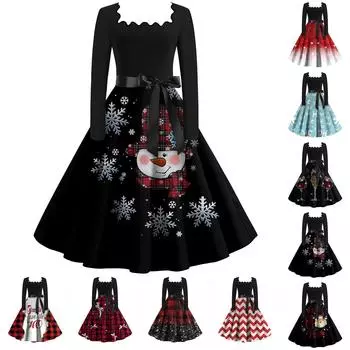 Женская мода с квадратным вырезом, повседневные тонкие рождественские платья с длинным рукавом и принтом L бежевый