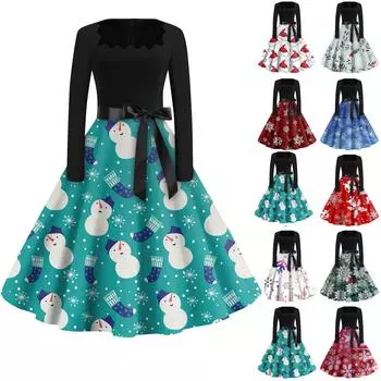 Женская мода с квадратным вырезом, повседневные тонкие рождественские платья с длинным рукавом и принтом XXXL