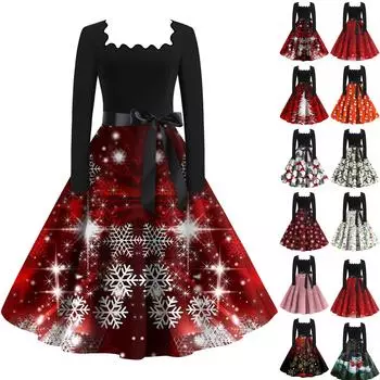 Женская мода с квадратным вырезом, повседневные тонкие рождественские платья с длинным рукавом и принтом M разноцветный