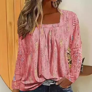 Женская мода с квадратным вырезом, повседневные удобные футболки с длинным рукавом, цветочные принты, рубашки больших размеров S-5XL S розовый