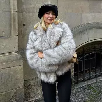 Женская мода с лацканами, пушистая искусственная шуба с длинным рукавом, свободная однотонная куртка, осень-зима, элегантная утолщенная роскошная верхняя одежда S