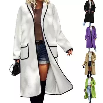Женская мода с лацканами сплошной цвет с длинным рукавом из овечьей шерсти повседневное сто длинное пальто XXL белый