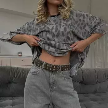 Женская мода с леопардовым принтом, футболка с короткими рукавами, заниженное плечо, летний свободный топ с круглым вырезом и половиной рукавов L серый
