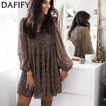 Женская мода с леопардовым принтом, летняя весна, повседневные платья с длинным рукавом и v-образным вырезом S чёрный