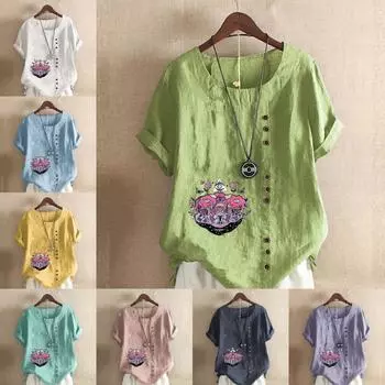 Женская мода с милым мультяшным принтом, круглым вырезом и коротким рукавом, повседневная хлопково-льняная рубашка с рисунком, свободная летняя блузка для отдыха, топы S розовый