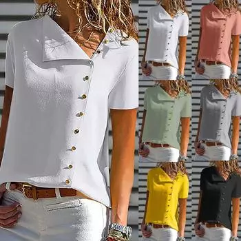 Женская мода с нерегулярным воротником, однотонная рубашка на пуговицах, футболка с коротким рукавом, топ