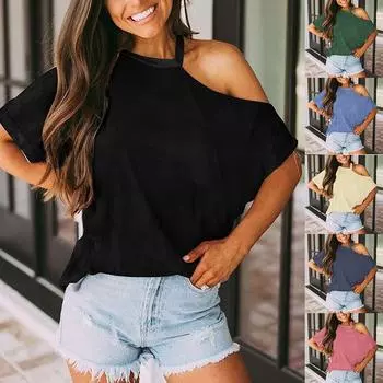 Женская мода с открытыми плечами, футболка с короткими рукавами, свободная блузка S зелёный