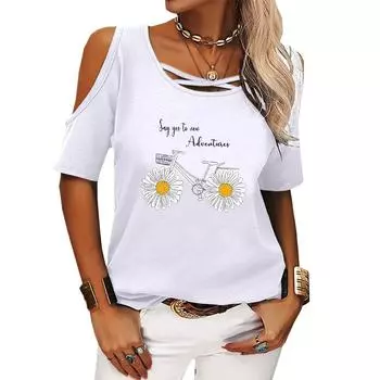 Женская мода с открытыми плечами, летняя футболка с коротким рукавом и принтом, женская повседневная футболка с круглым вырезом S розовый