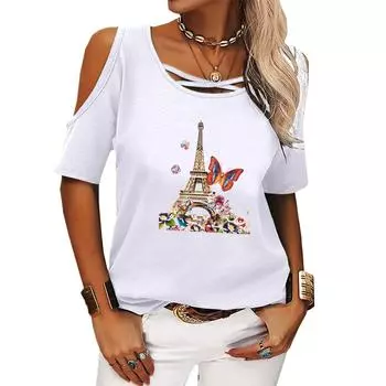 Женская мода с открытыми плечами, летняя футболка с короткими рукавами и принтом, женская повседневная футболка с круглым воротником S розовый