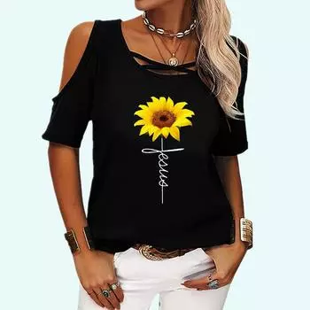 Женская мода с открытыми плечами, летняя и осенняя футболка с круглым вырезом и коротким рукавом, женская повседневная футболка с цветочным принтом S розовый