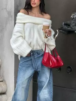 Женская мода с открытыми плечами, однотонный пуловер с удлиненными рукавами, ультрамягкий женский вязаный свитер, шикарная осенняя уличная одежда One Size чёрный