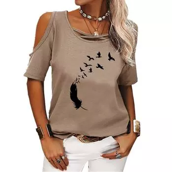 Женская мода с открытыми плечами, повседневная летняя футболка с круглым вырезом и принтом, свободная футболка с коротким рукавом S хаки