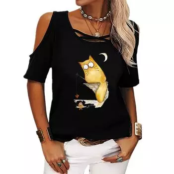 Женская мода с открытыми плечами, повседневная летняя футболка с круглым вырезом и принтом, свободная футболка с коротким рукавом S розовый