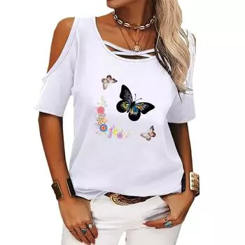 Женская мода с открытыми плечами, повседневная летняя футболка с круглым вырезом и коротким рукавом S розовый