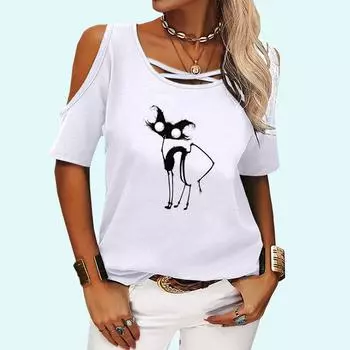 Женская мода с открытыми плечами, повседневная летняя футболка с круглым вырезом, свободная футболка с коротким рукавом и принтом S розовый