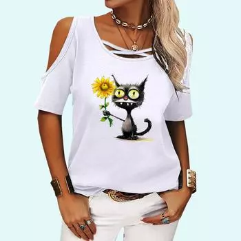 Женская мода с открытыми плечами, повседневная летняя футболка с круглым вырезом и принтом, свободная футболка с коротким рукавом S розовый