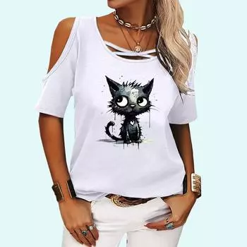 Женская мода с открытыми плечами, повседневная летняя футболка с круглым вырезом и принтом, свободная футболка с коротким рукавом S розовый