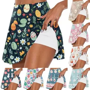Женская мода с пасхальным принтом, повседневная спортивная фитнес-беговая йога, теннисная юбка, плиссированная короткая юбка, шорты, полуюбка XL зелёный