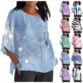 Женская мода с половиной рукавом и круглым вырезом с принтом, свободная повседневная блузка, топы, пуловер XXXXXL зелёный