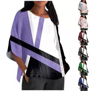 Женская мода с половиной рукавом и круглым вырезом с принтом, свободная повседневная блузка, топ S синий