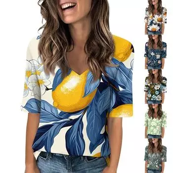 Женская мода с половиной рукавом с цветочным принтом и v-образным вырезом, повседневная футболка, топ L синий