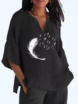Женская мода с принтом 3/4 и длинным рукавом с V-образным вырезом, хлопковые льняные блузки, женская повседневная свободная рубашка S синий
