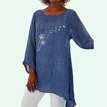 Женская мода с принтом 3/4 с длинным рукавом, тонкий топ, модная свободная рубашка, женская льняная рубашка с круглым вырезом S белый