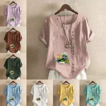 Женская мода с принтом алоэ, футболка с коротким рукавом, свободная хлопковая рубашка, повседневная свободная летняя блузка, топы больших размеров S розовый