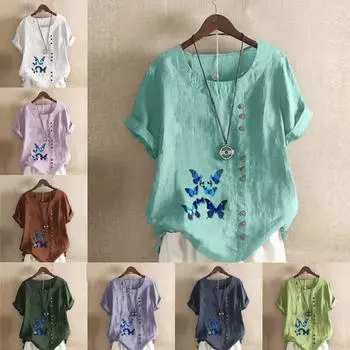 Женская мода с принтом бабочек, круглым вырезом, коротким рукавом, футболка, повседневная, хлопковая, льняная, с рисунком, свободная, летняя блузка, топы S розовый