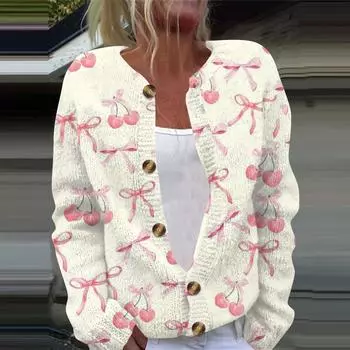 Женская мода с принтом банта, длинный рукав, вязаный кардиган, куртка на пуговицах L бежевый